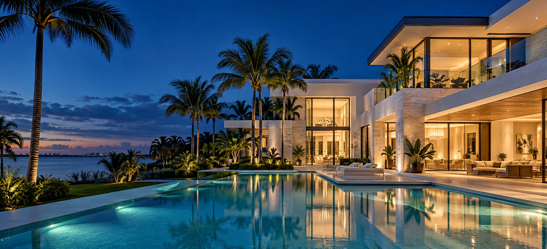 Illustrative modern Florida home with an illuminated pool at dusk