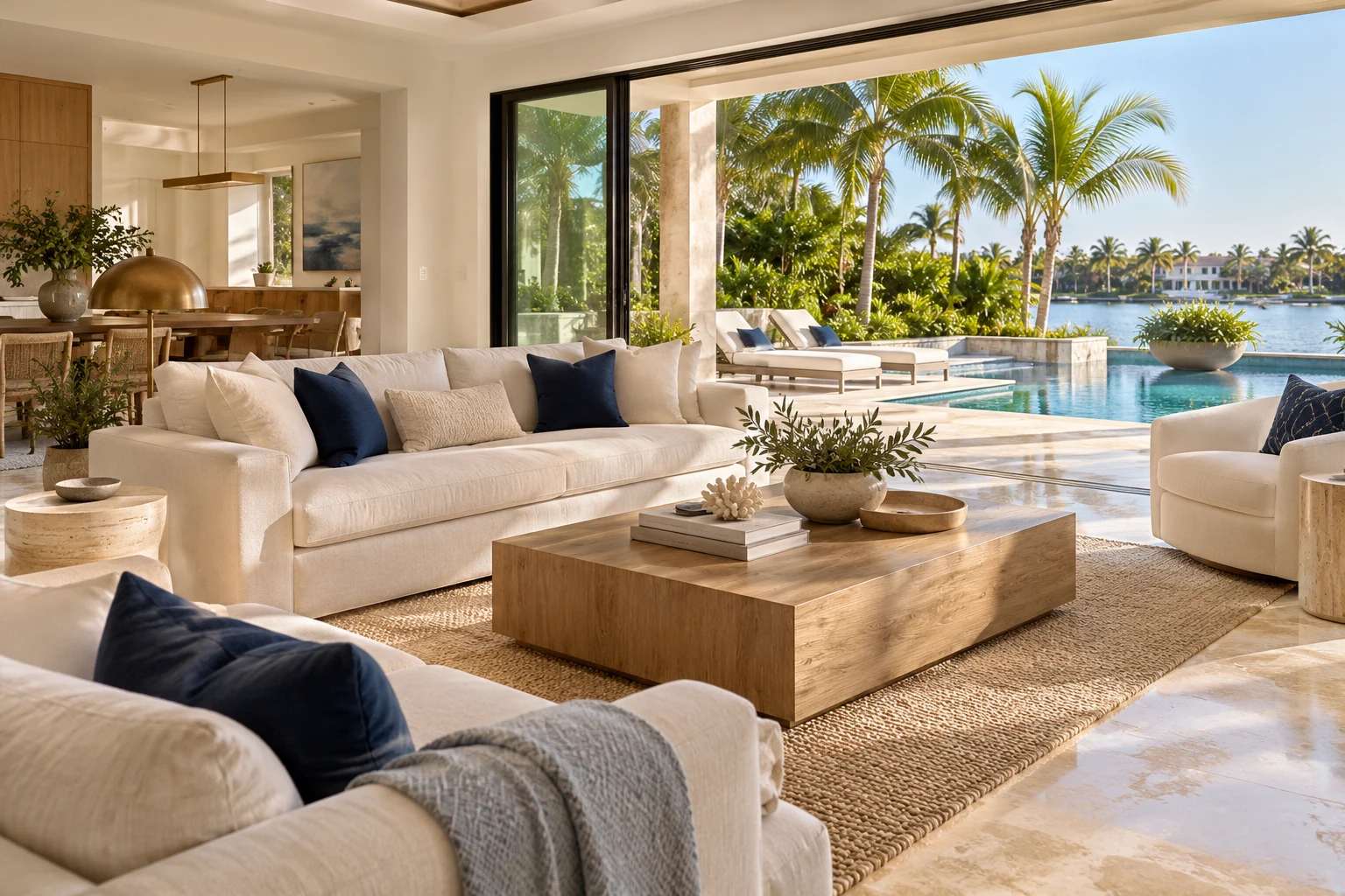 Illustrative Florida interior overlooking a pool and palm trees