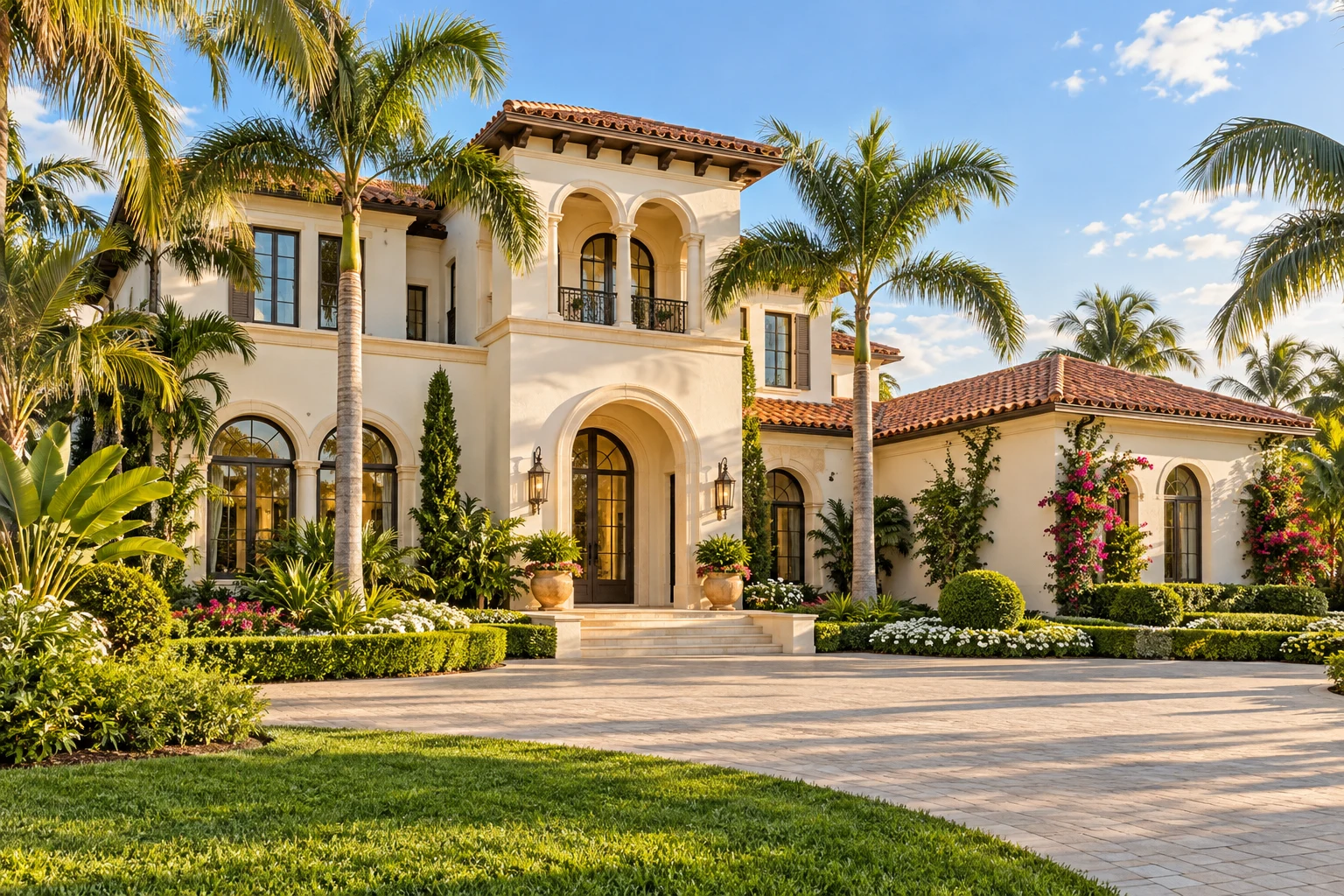 Illustrative Florida villa with Mediterranean architecture and palms